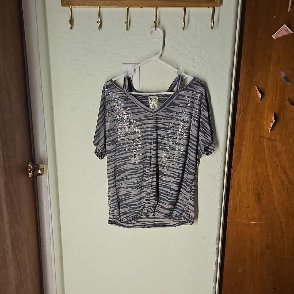Vocal Black and Gray Striped Short Sleeve Top